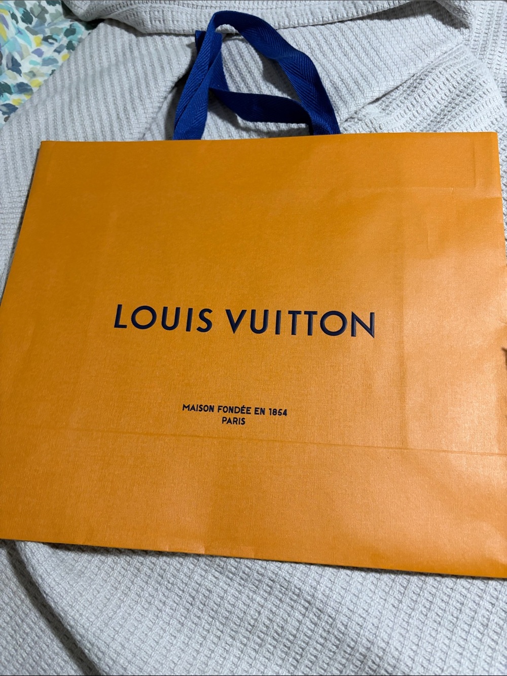 Louis Vuitton Large Orange Shopping Bag with Blue Ribbon Handles